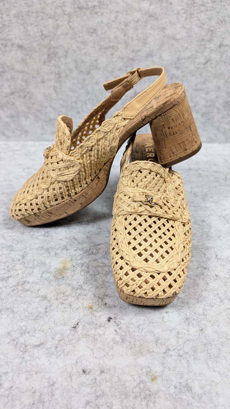 Aerosoles Santina Slingback Pump Straw Woven Raffia Cork Platform Block Heel 8